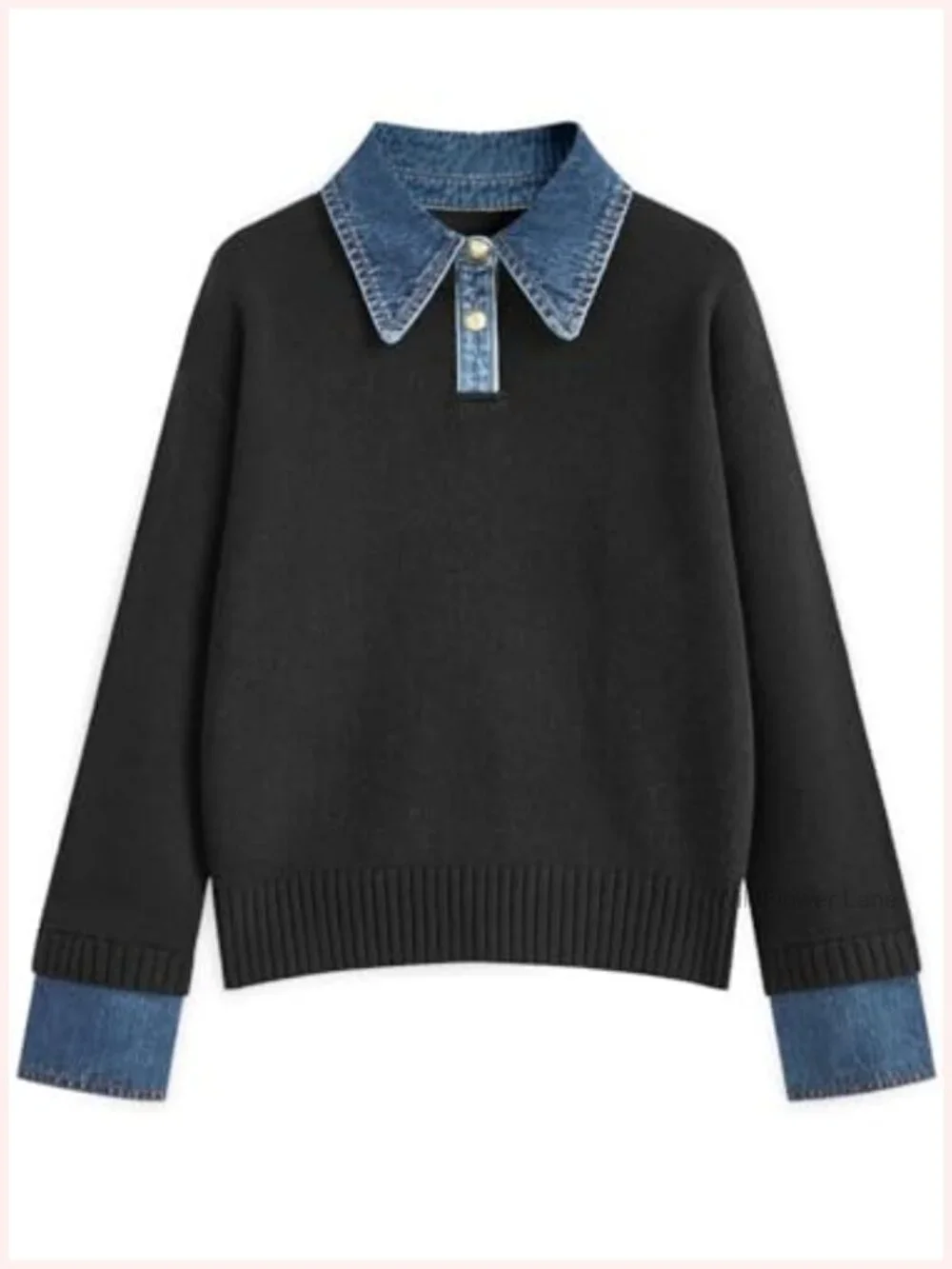 Women's Oversized Denim Polo Knit Collared Pullover Sweater